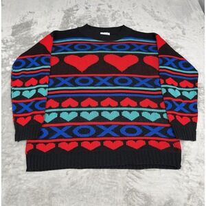 Vintage Red Heart Pullover Knit Sweater Large Valentines XO Red Love 80s 90s Y2K